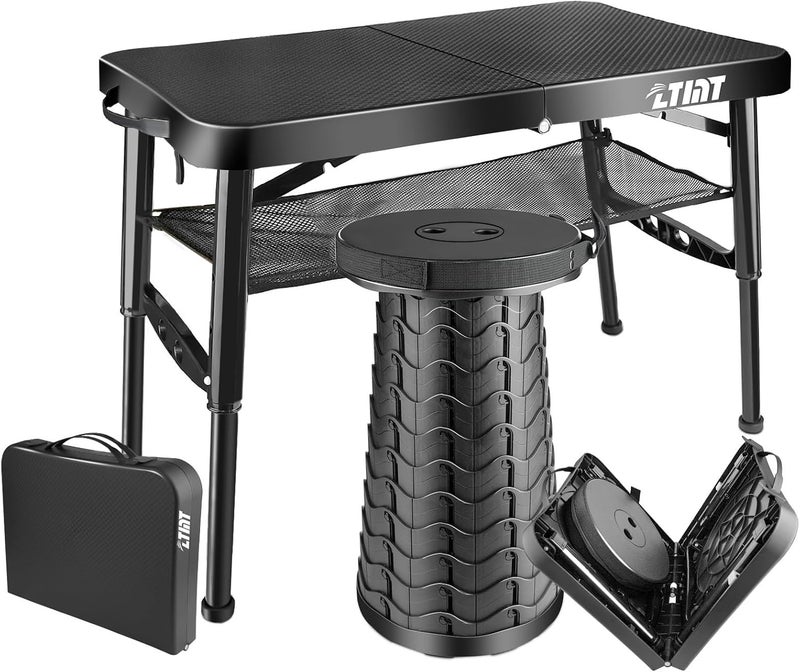 ZTMT Folding Table and Stool, Small, Black, 4 Foot Outdoor Portable Table, Adjustable Height, Camping, Picnic, RV Table, 55lbs Load-Bearing, Lightweight - Image 1